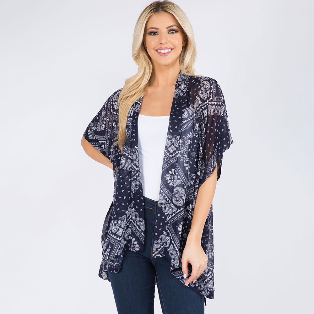 Madeline Love Navy Lightweight Boho Paisley Pattern Open Front Kimono Poncho - Jewelry