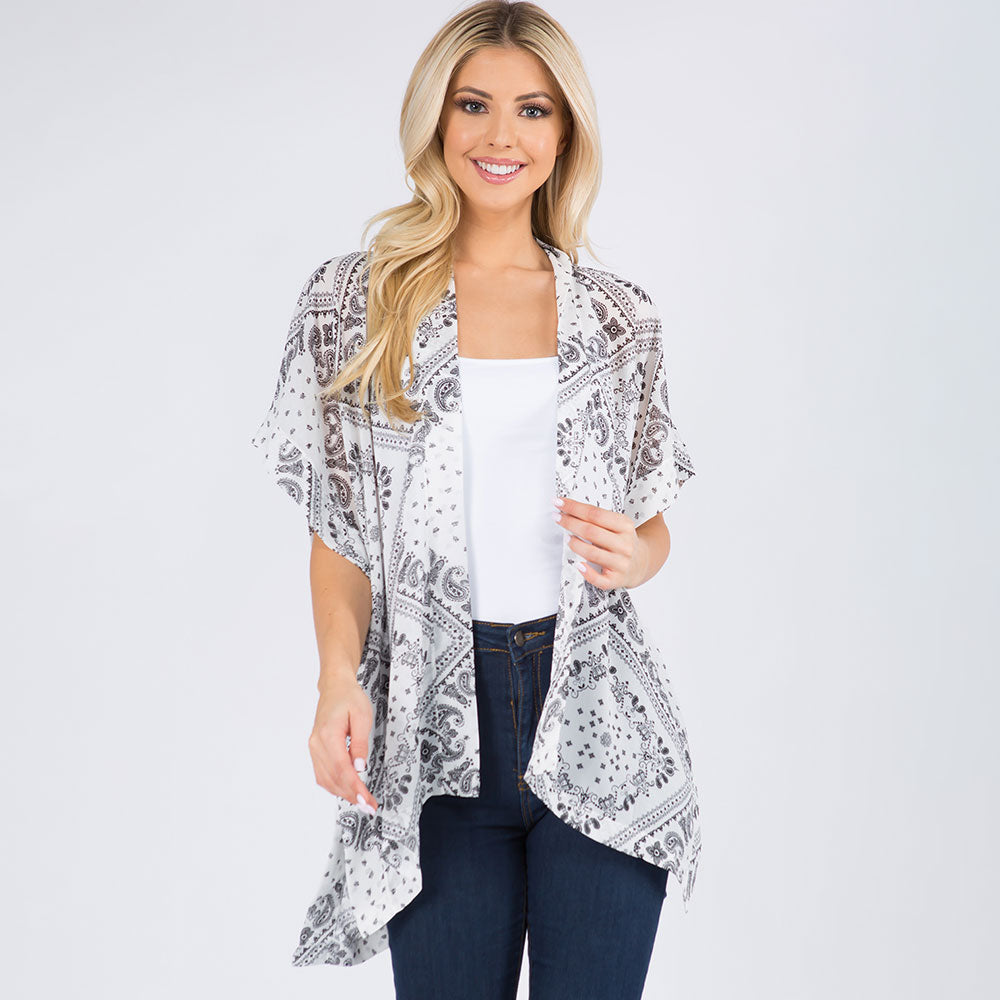 Madeline Love White Lightweight Boho Paisley Pattern Open Front Kimono Poncho - Jewelry