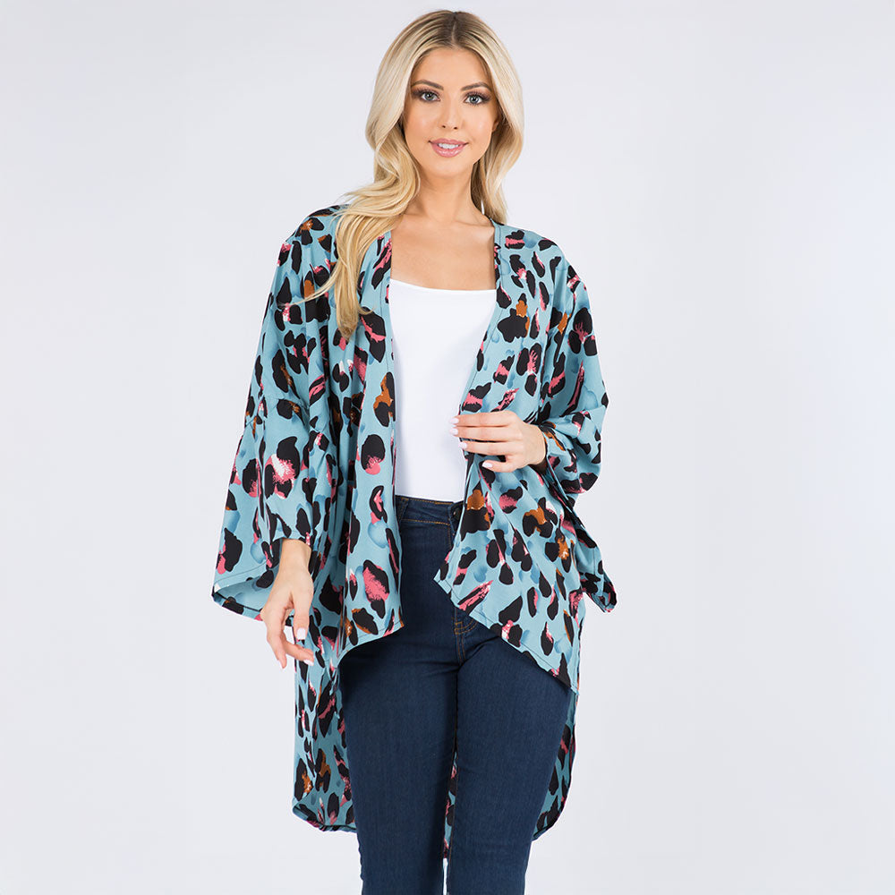 Madeline Love Light Blue Lightweight Leopard Print Open Front Kimono Poncho - Jewelry