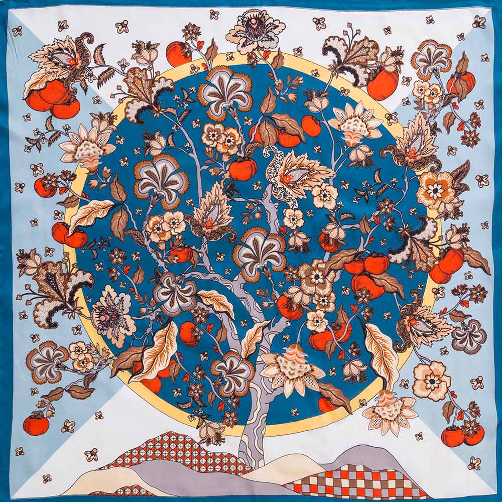 Madeline Love Blue Botanical Tree and Fruit Print Square Bandana Scarf - Scarves & Wraps