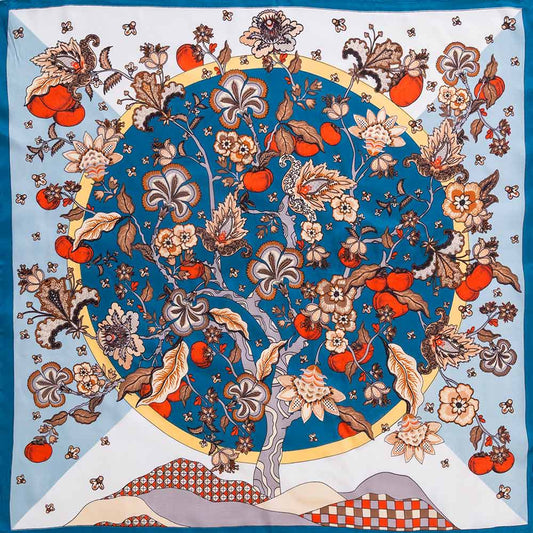 Madeline Love Blue Botanical Tree and Fruit Print Square Bandana Scarf - Scarves & Wraps
