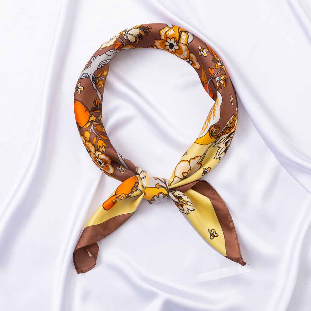Madeline Love Brown Botanical Tree and Fruit Print Square Bandana Scarf - Scarves & Wraps