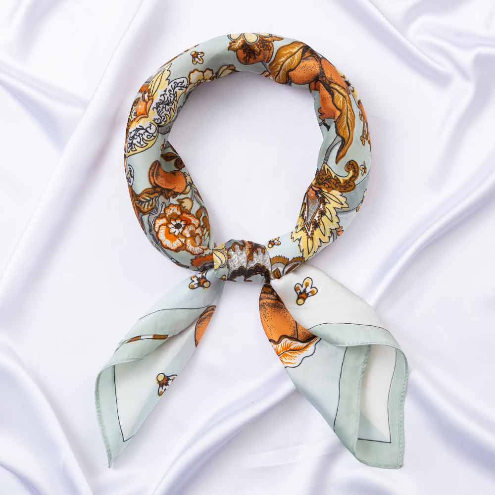 Madeline Love Light Blue Botanical Tree and Fruit Print Square Bandana Scarf - Scarves & Wraps
