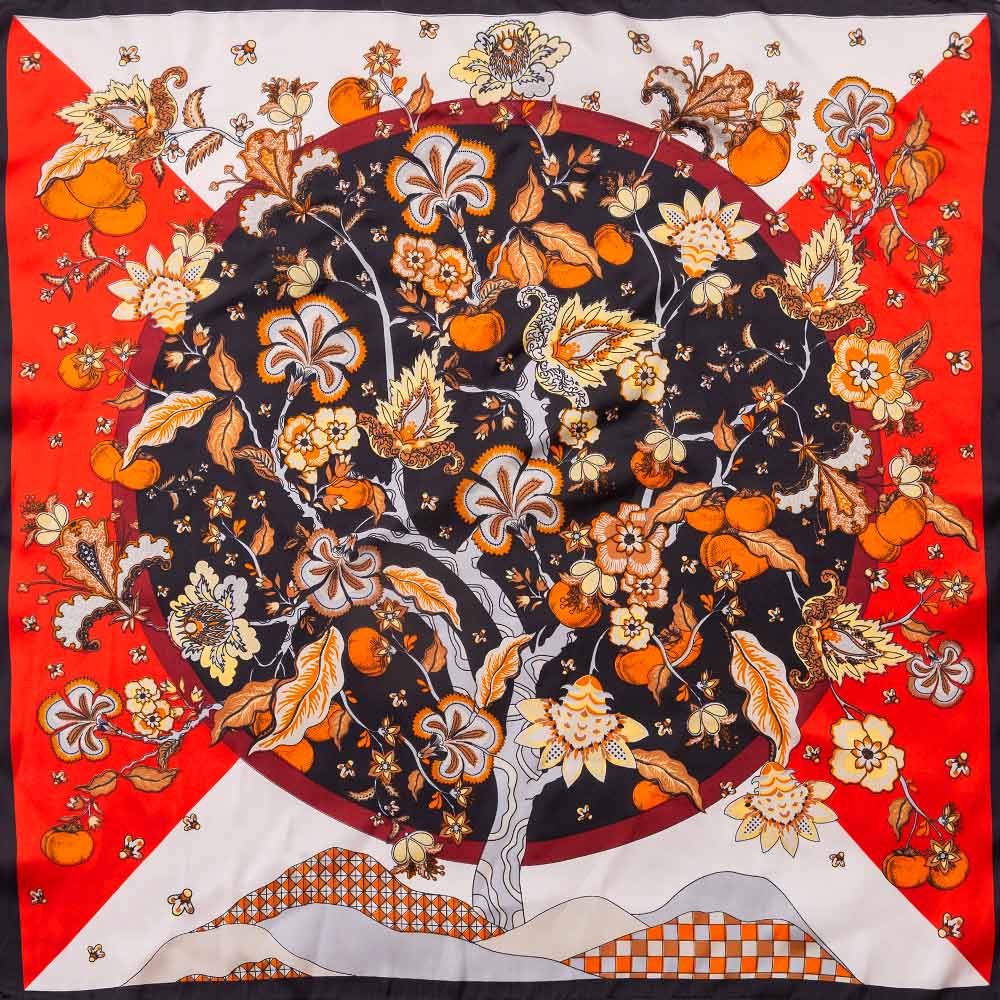 Madeline Love Red Botanical Tree and Fruit Print Square Bandana Scarf - Scarves & Wraps