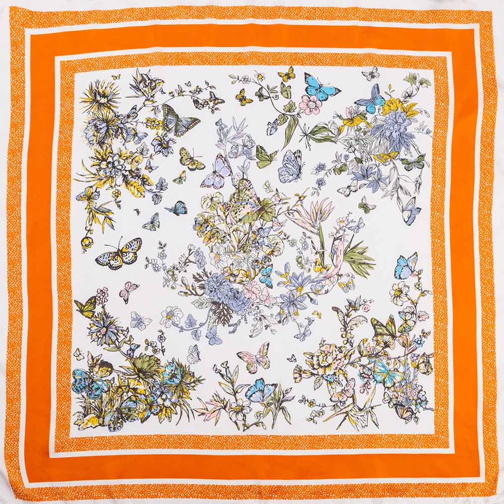 Madeline Love Orange Butterfly Floral Sketch Print Square Bandana Scarf - Scarves & Wraps