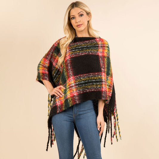 Black Plaid Fringe Hem Poncho