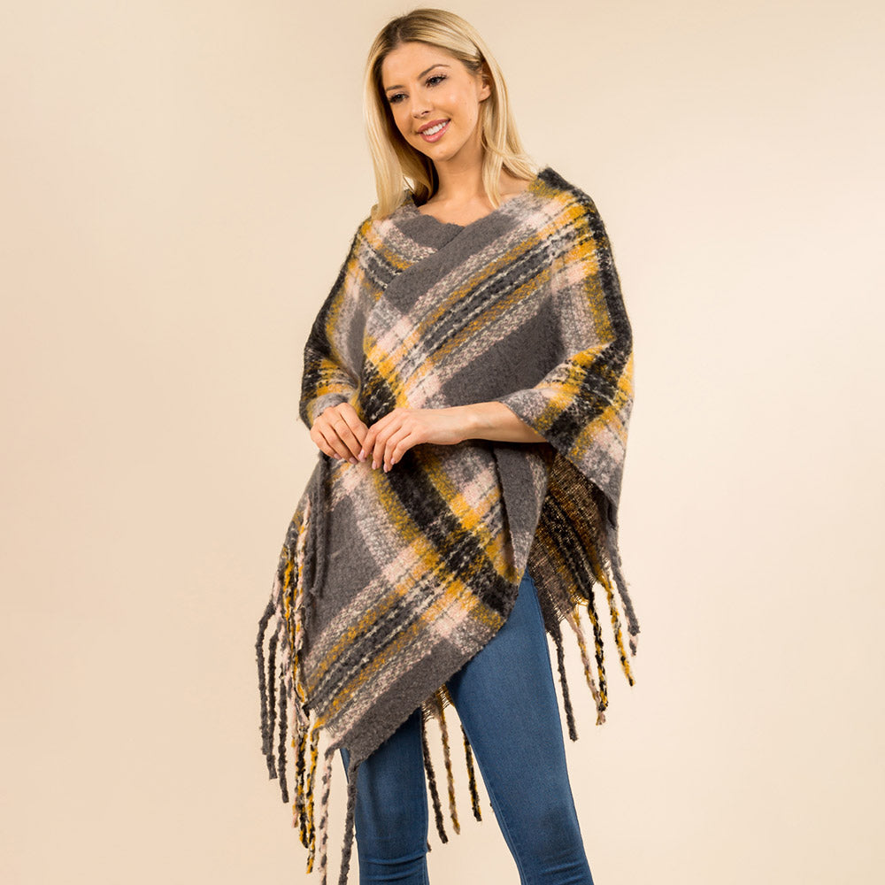 Gray Plaid Fringe Hem Poncho