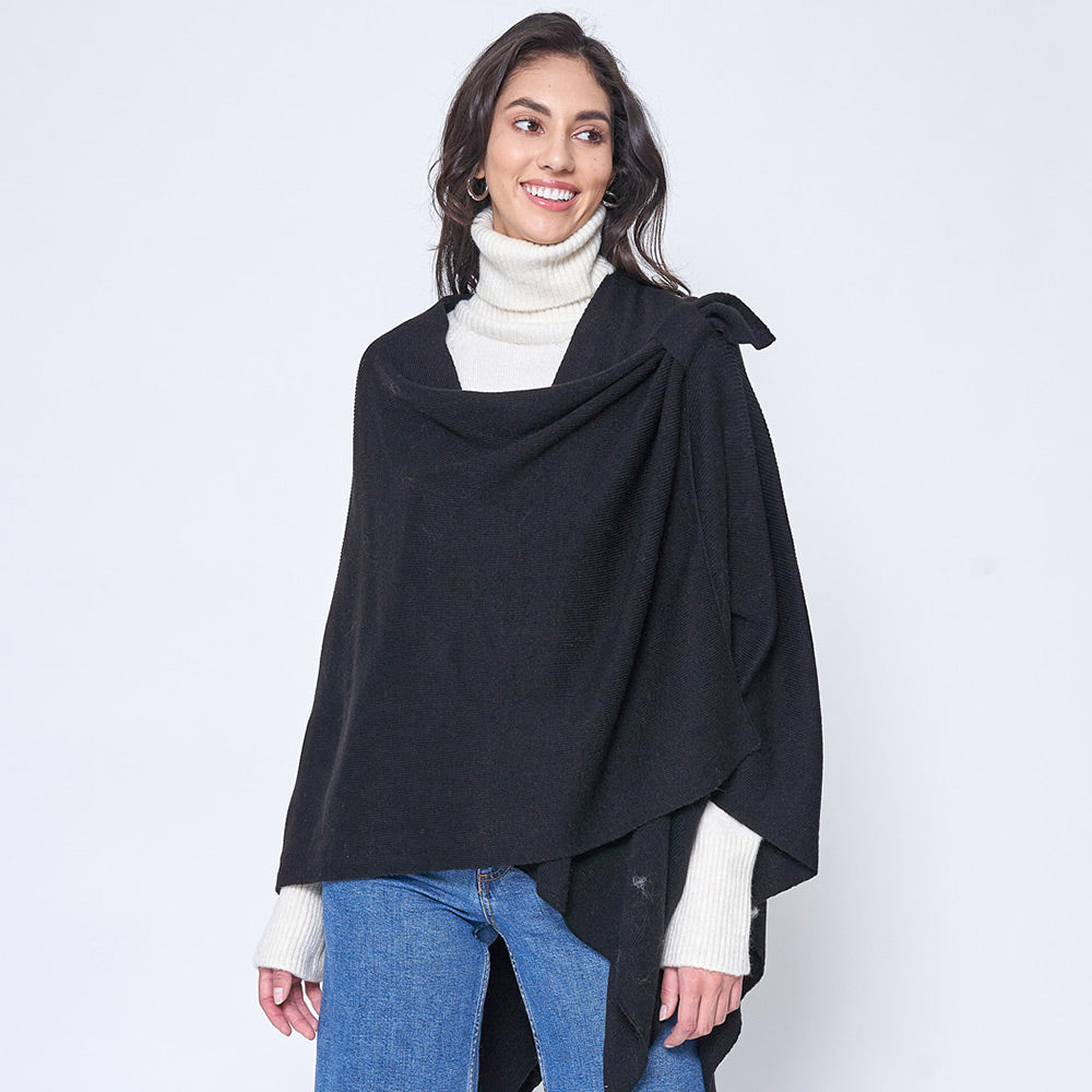 Black Shoulder Strap Solid Ruana Poncho