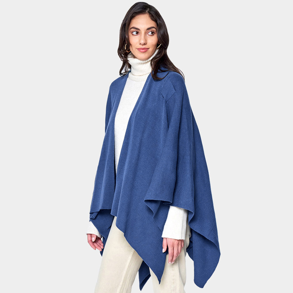 Blue Shoulder Strap Solid Ruana Poncho