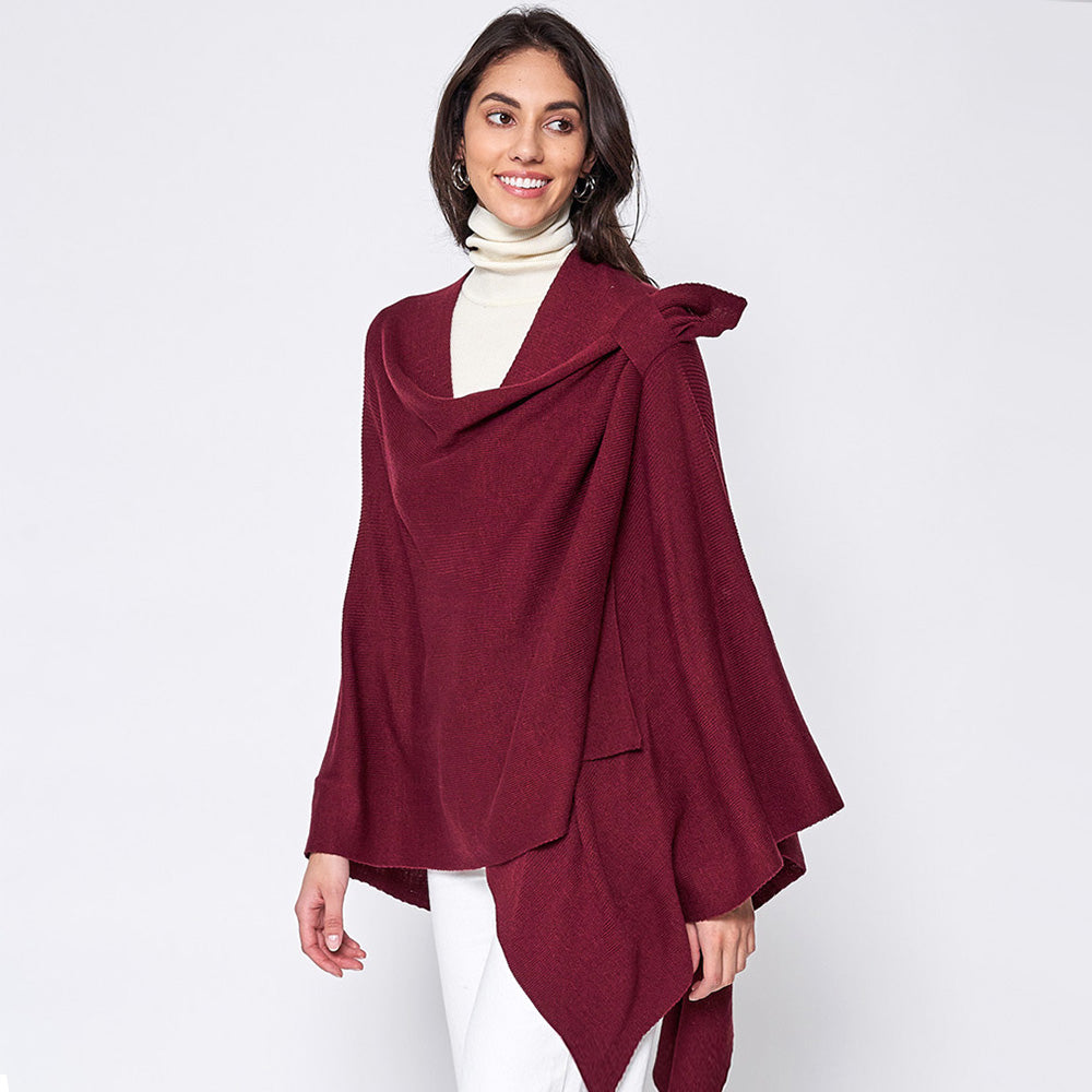 Burgundy Shoulder Strap Solid Ruana Poncho