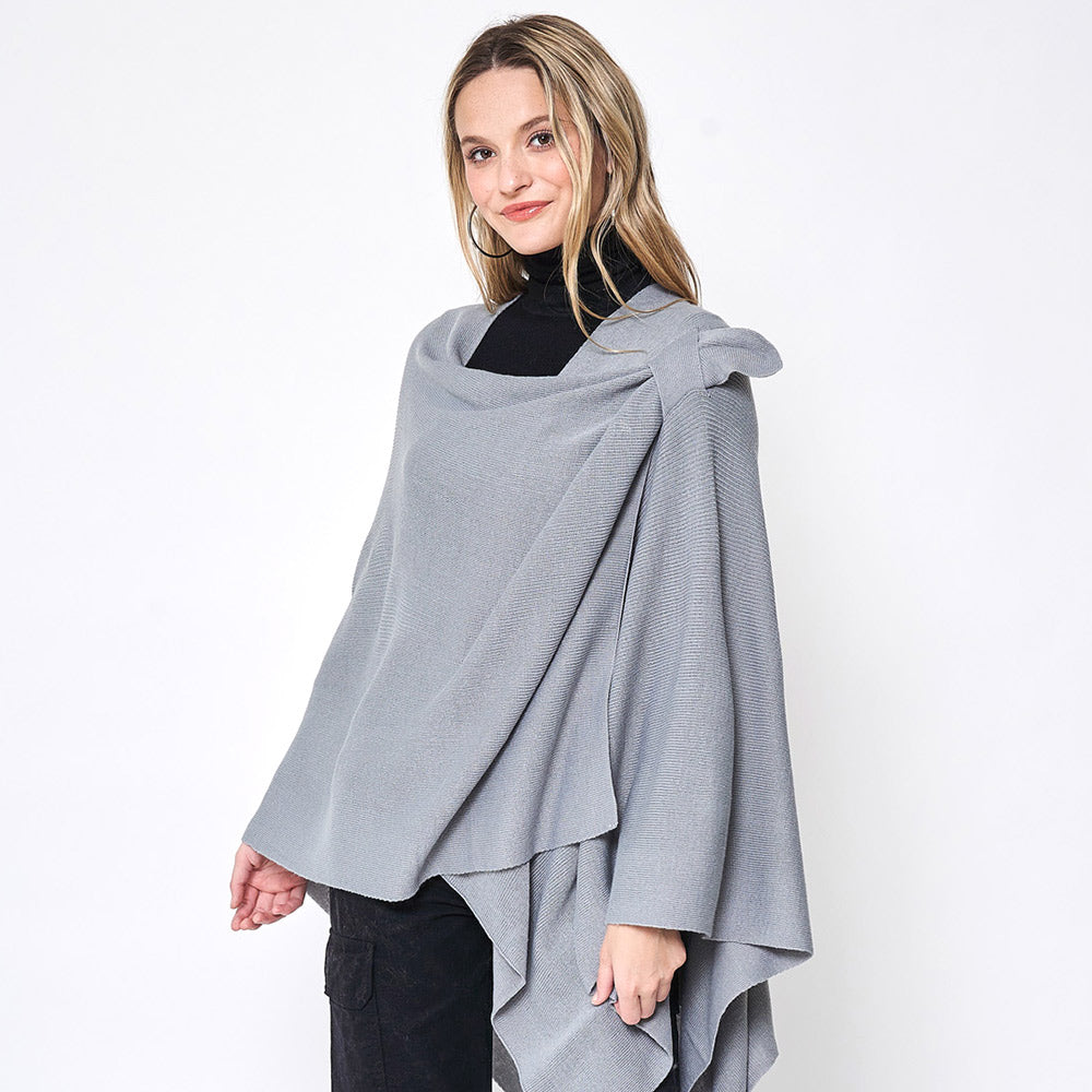 Gray Shoulder Strap Solid Ruana Poncho