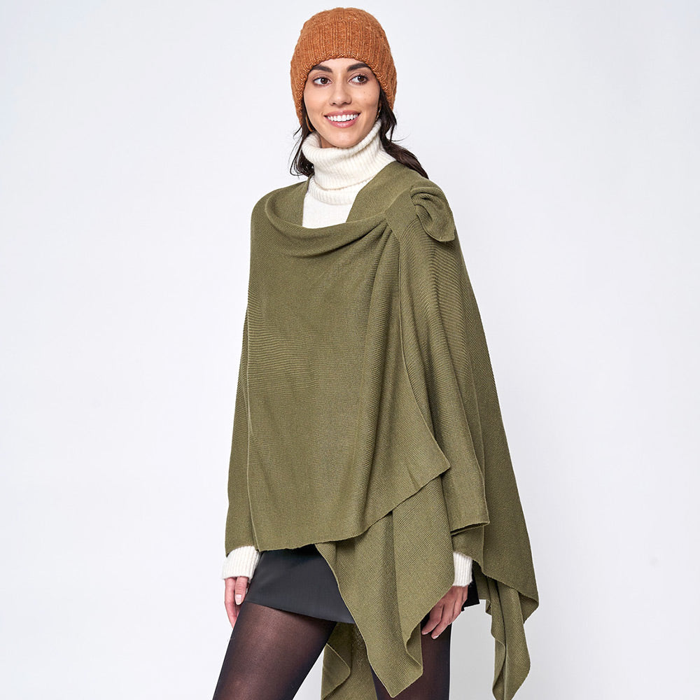 Olive Green Shoulder Strap Solid Ruana Poncho
