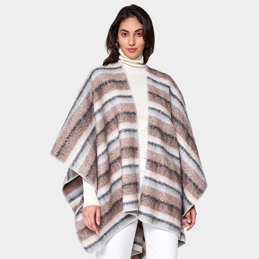 Brown Cozy Striped Three Tone Ruana Poncho