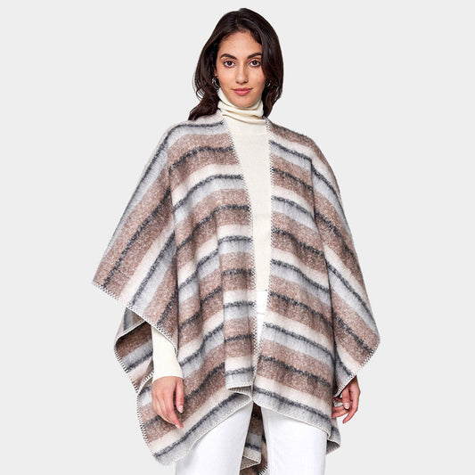 Brown Cozy Striped Three Tone Ruana Poncho