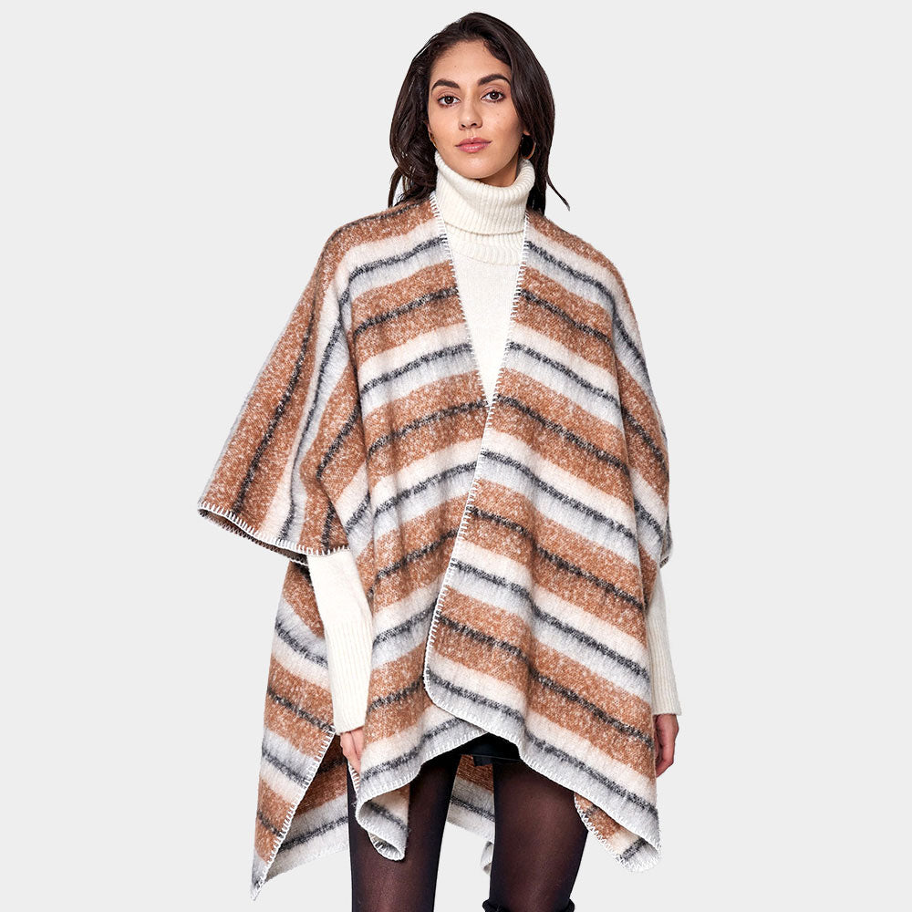 Camel Cozy Striped Three Tone Ruana Poncho