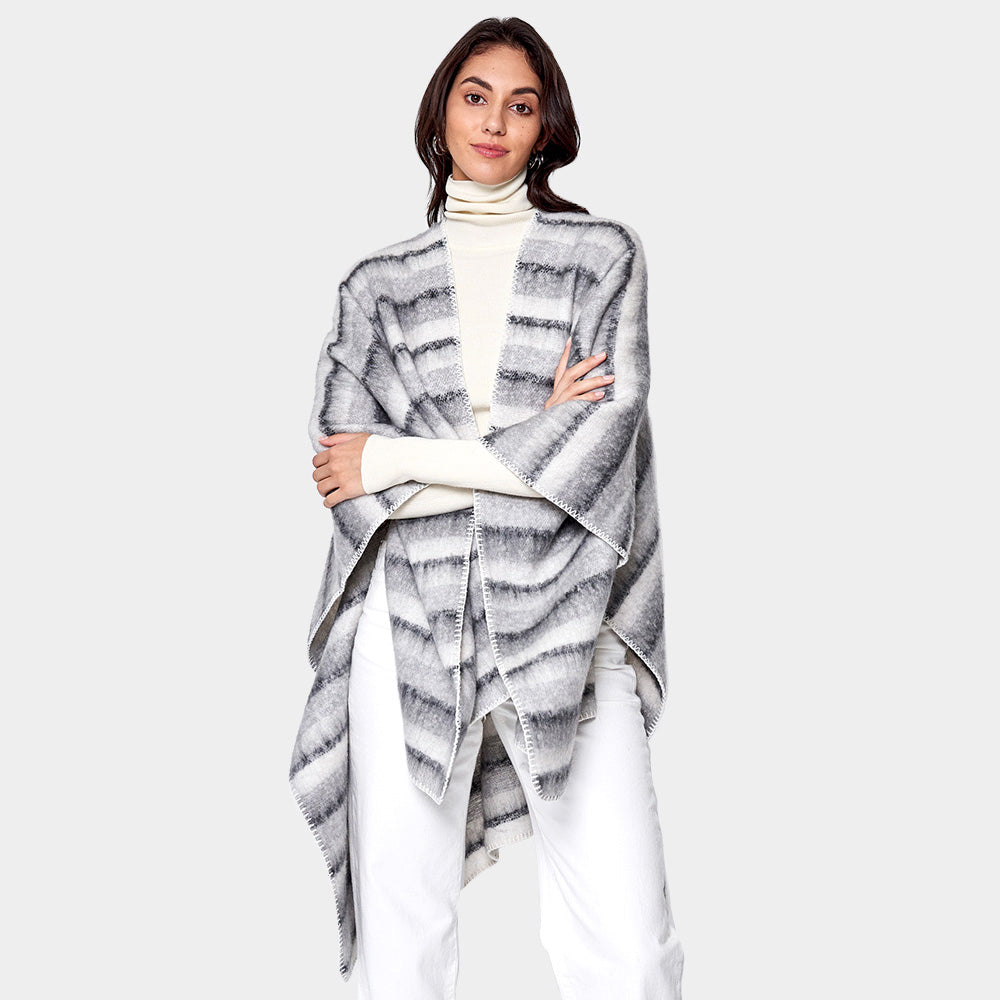 Gray Cozy Striped Three Tone Ruana Poncho