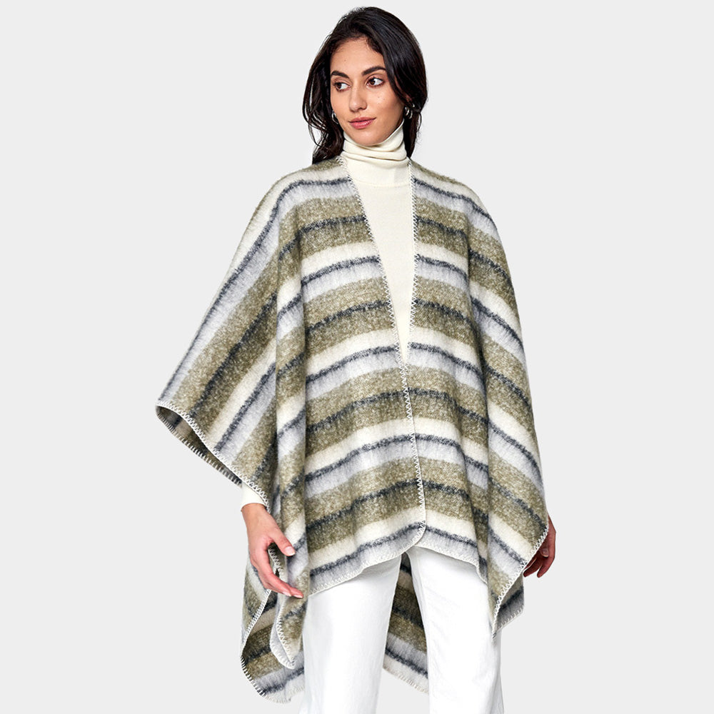 Olive Green Cozy Striped Three Tone Ruana Poncho