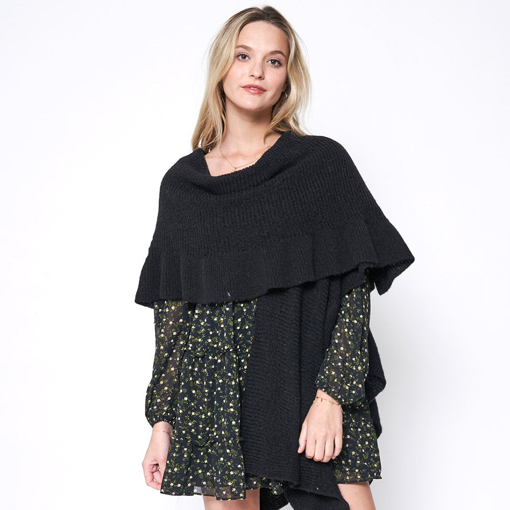 Black Reversible Ruffle Sleeves Knit Ruana Poncho