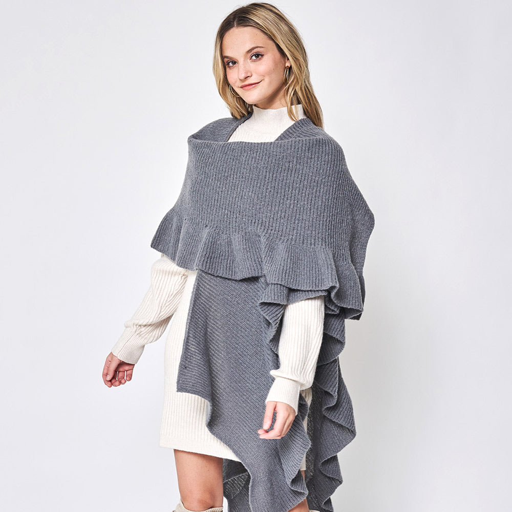 Gray Reversible Ruffle Sleeves Knit Ruana Poncho