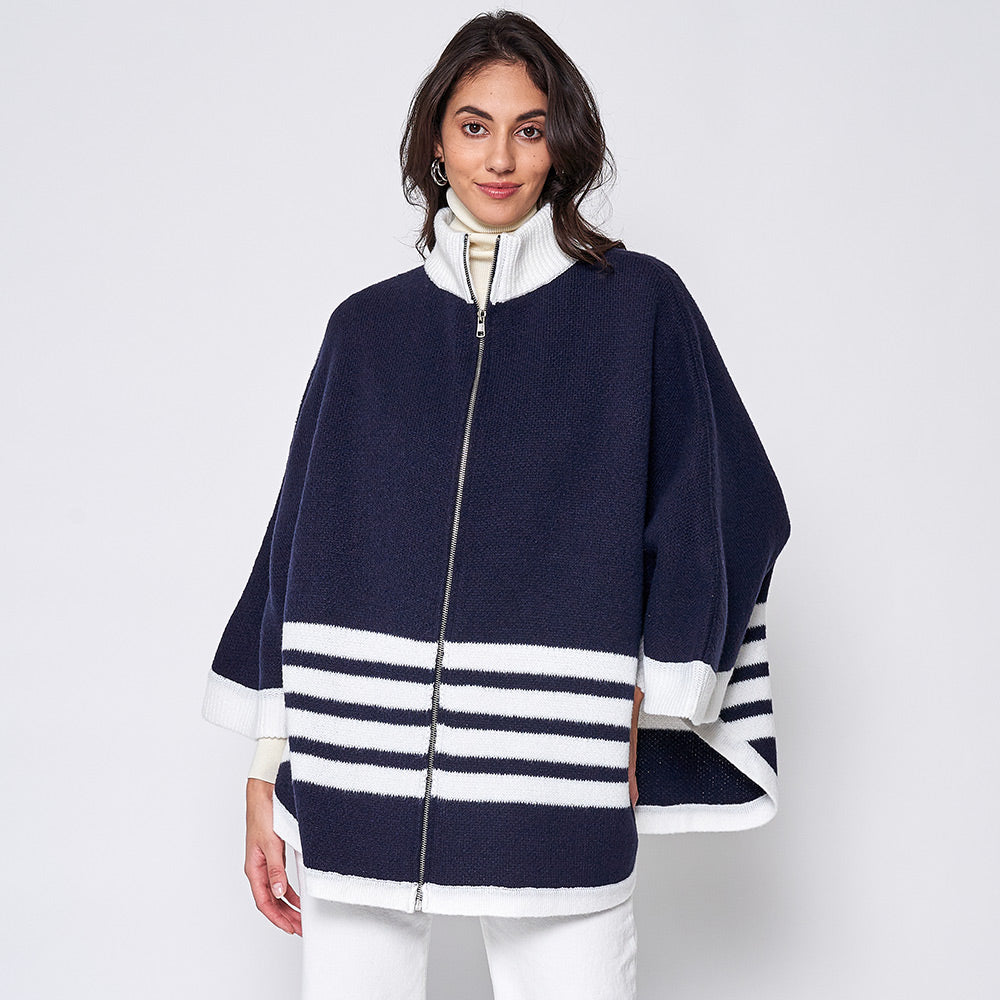 Navy Sporty Bordered Zip Up Knit Cape Poncho