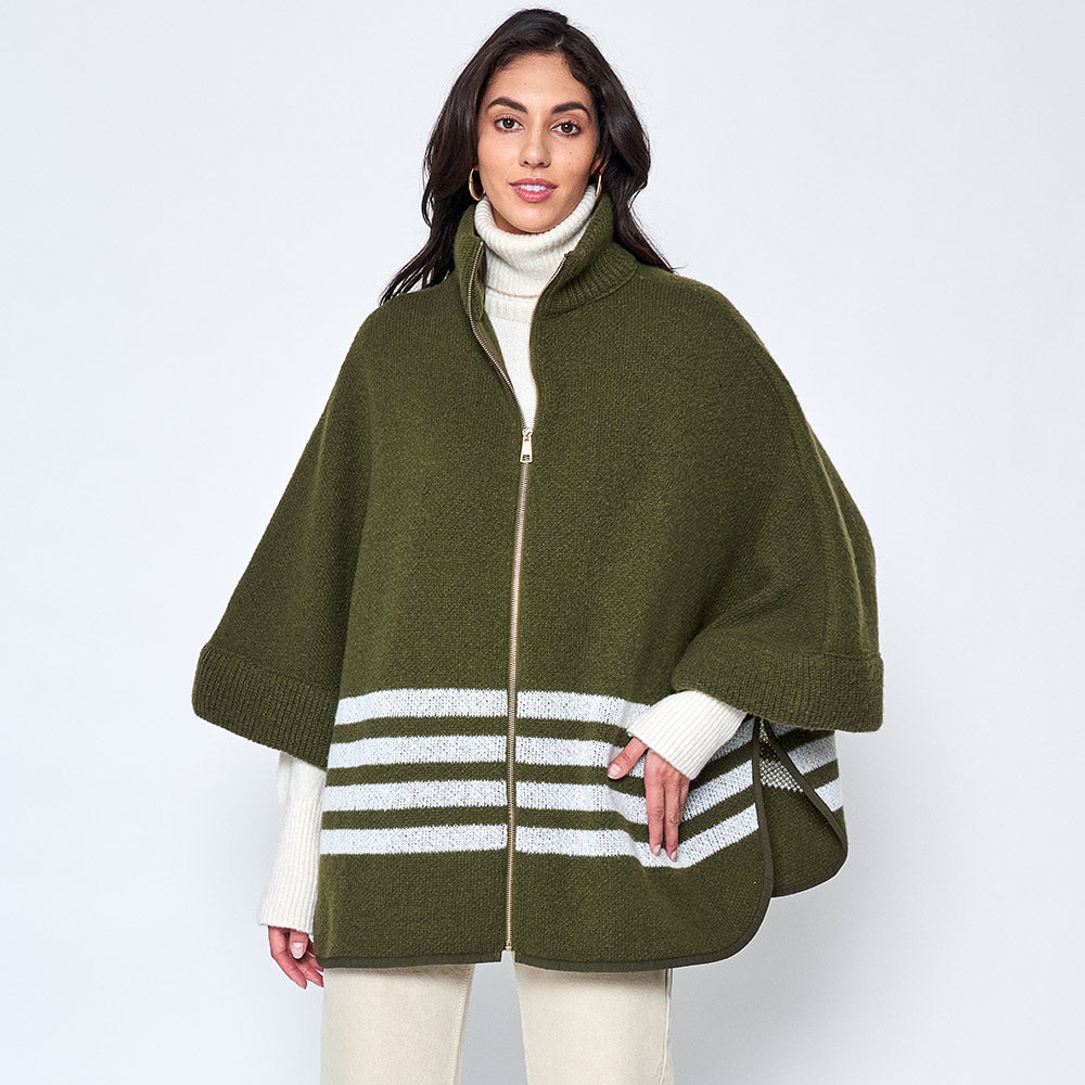 Olive Green Sporty Bordered Zip Up Knit Cape Poncho