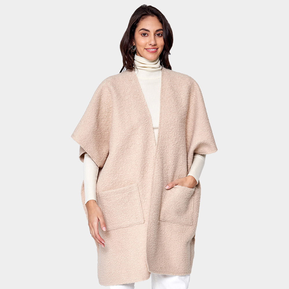 Ivory Front Pockets Open Ruana Kimono Poncho