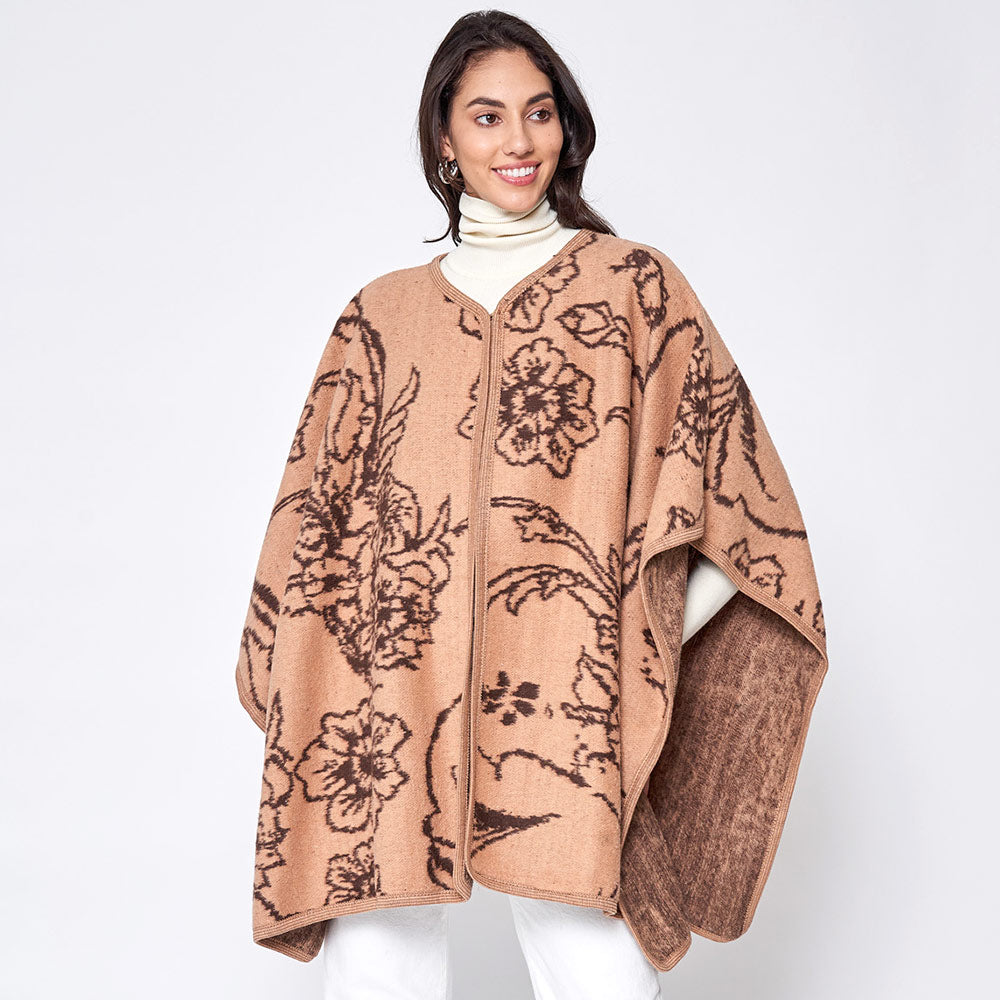 Camel Floral Patterned Woven Ruana Poncho