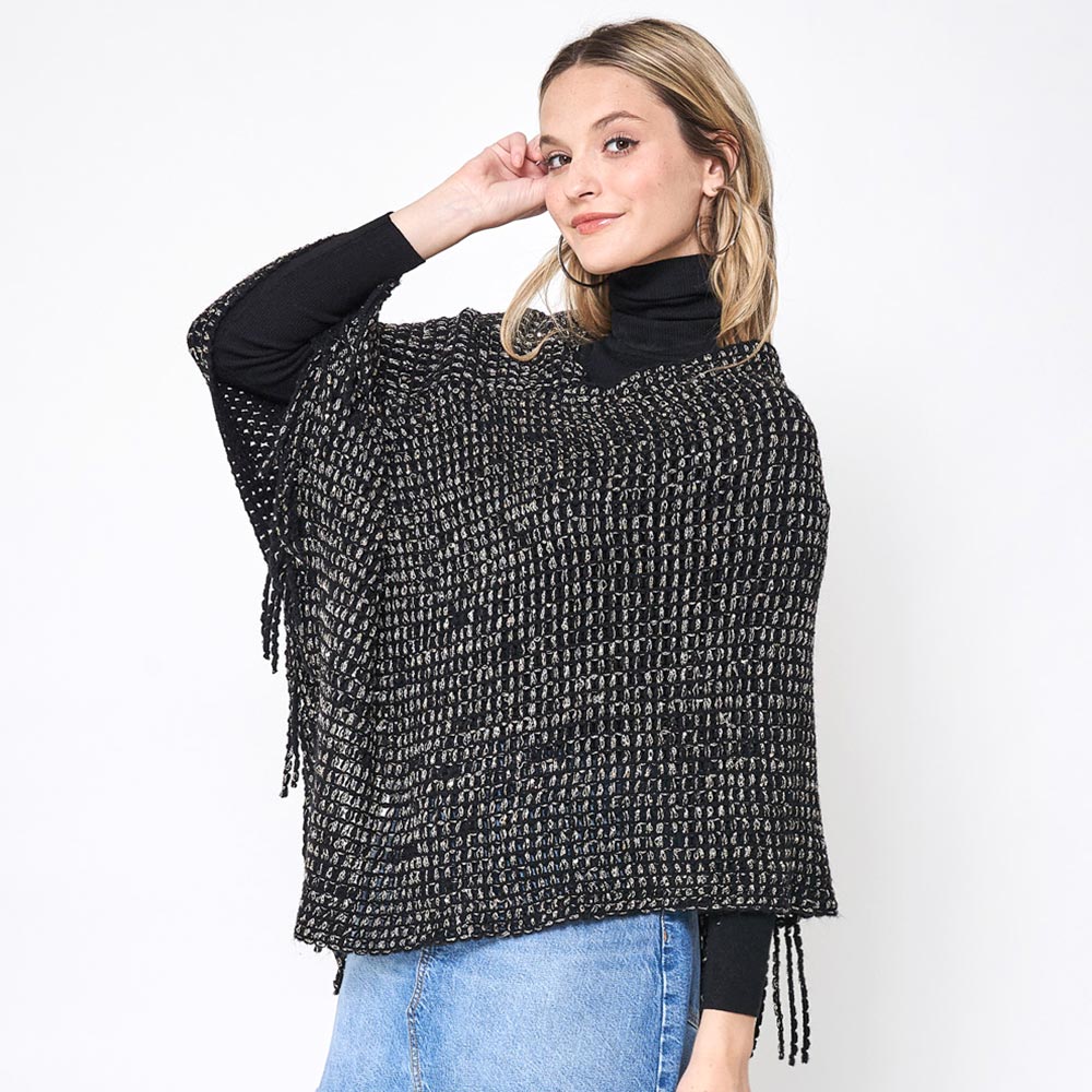 Black Fringed Solid Knit Poncho