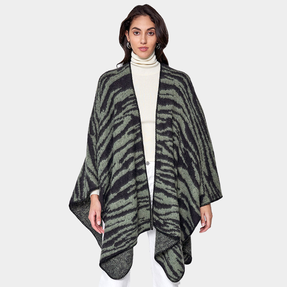 Olive Green Zebra Patterned Ruana Poncho