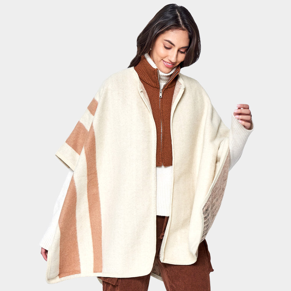Ivory Striped Button Closure Cape Ruana Poncho
