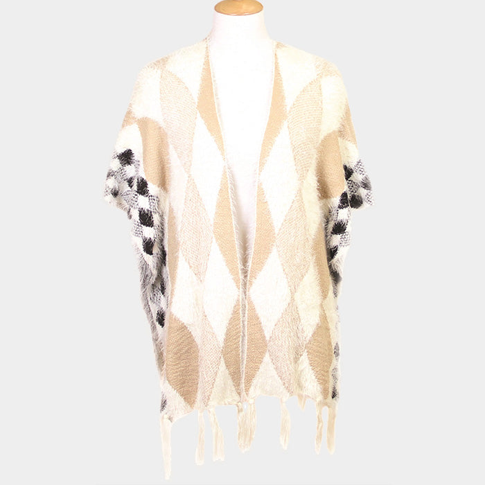  Diamond Pattern Tassel Poncho