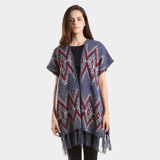 Navy Aztec chevron pattern tassel edge shawl sweater