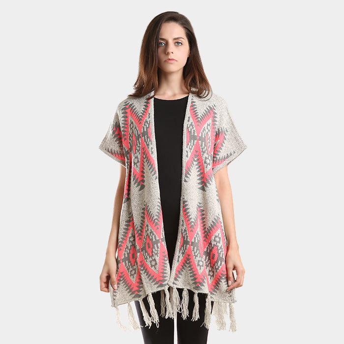  Aztec chevron pattern tassel edge shawl sweater