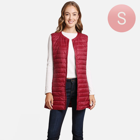 Burgundy Solid Light Long Puffer Front Pockets Button Vest
