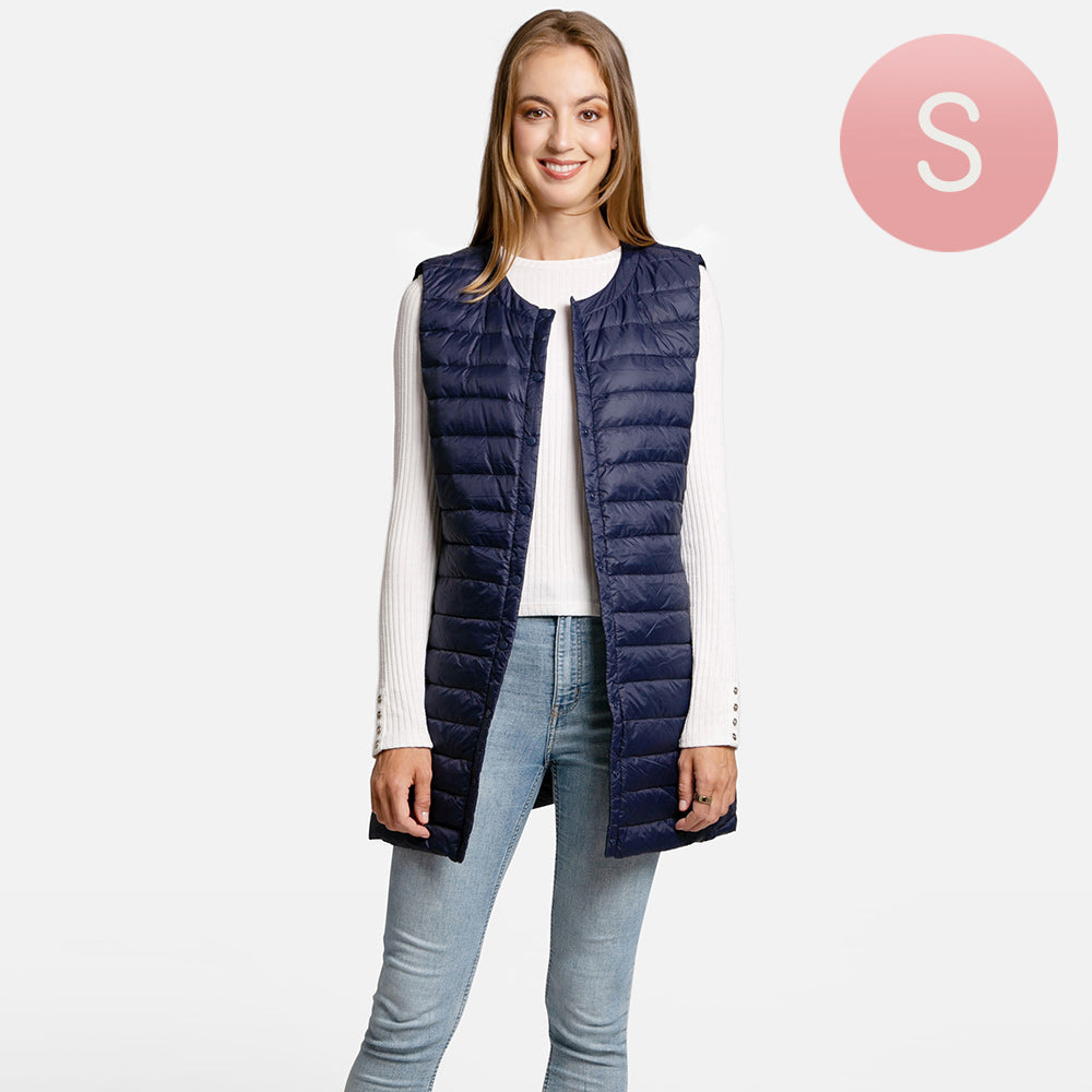 Navy Solid Light Long Puffer Front Pockets Button Vest