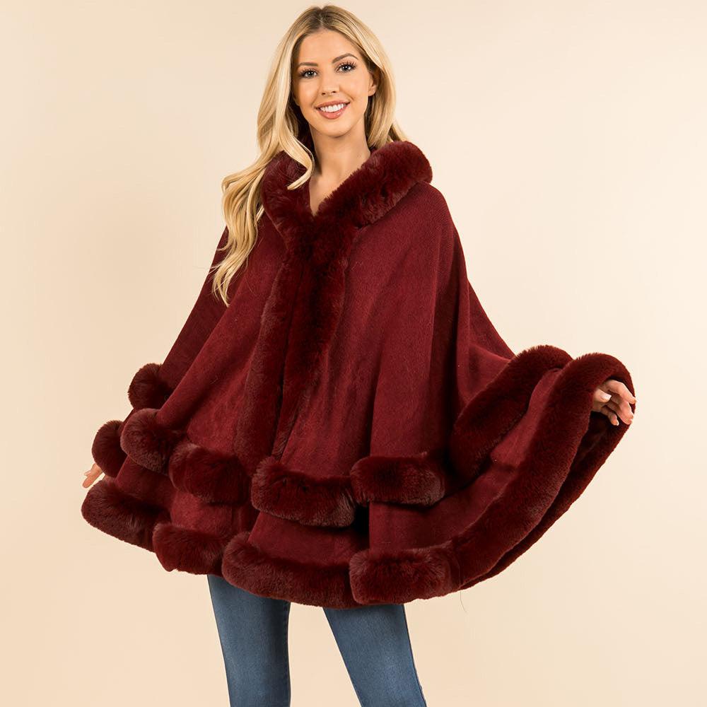 Burgundy Faux Fur Trim Hooded Elegant Drape Cape Poncho
