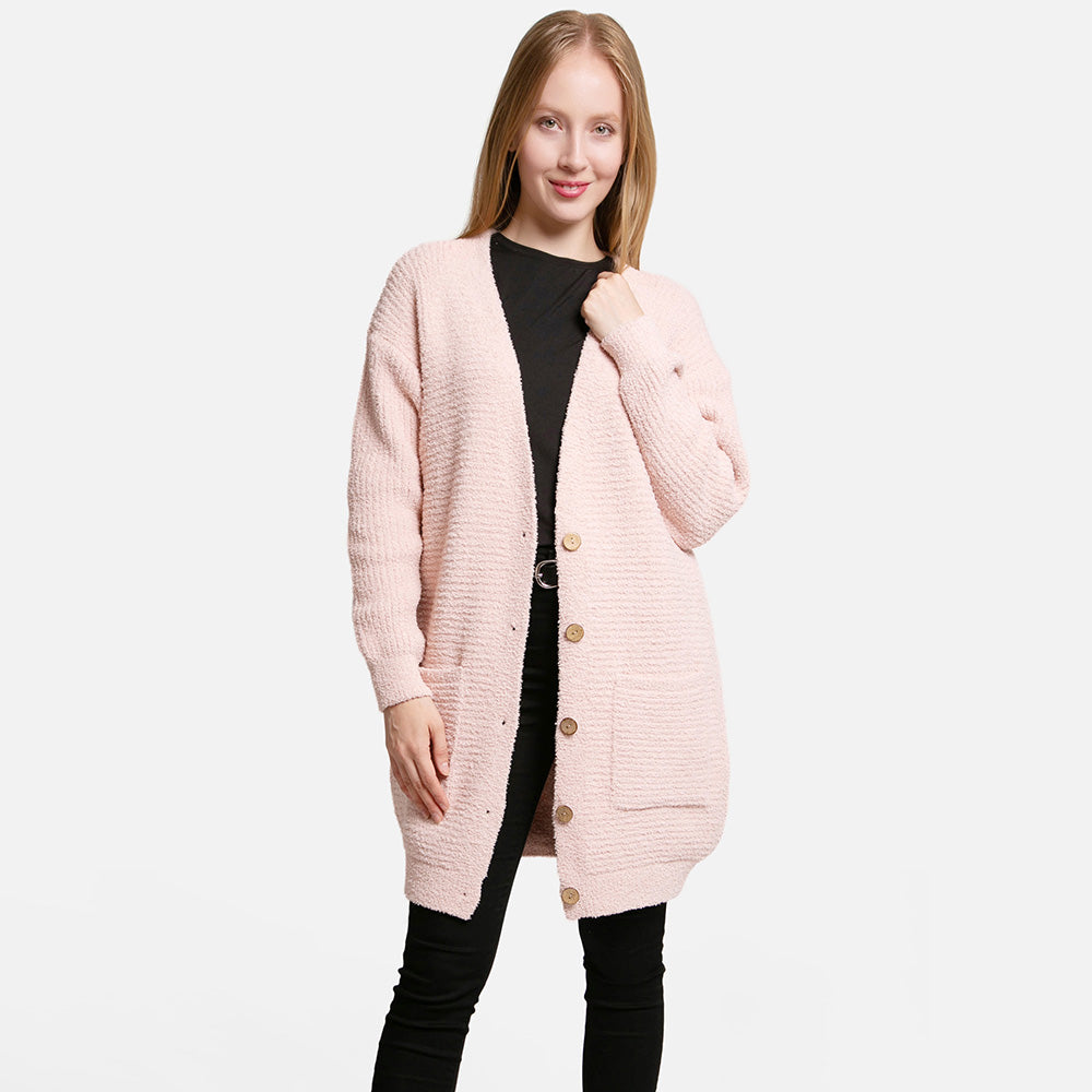 Pink Button Detailed Front Pockets V Neck Cardigan