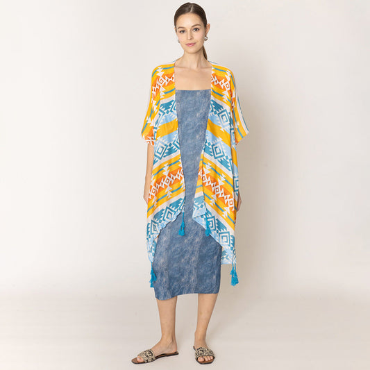 Madeline Love Blue Aztec Print Kimono Poncho - Jewelry