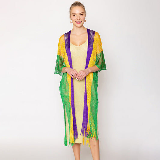 Green, Purple , Yellow Mardi Gras Lurex Kimono Poncho