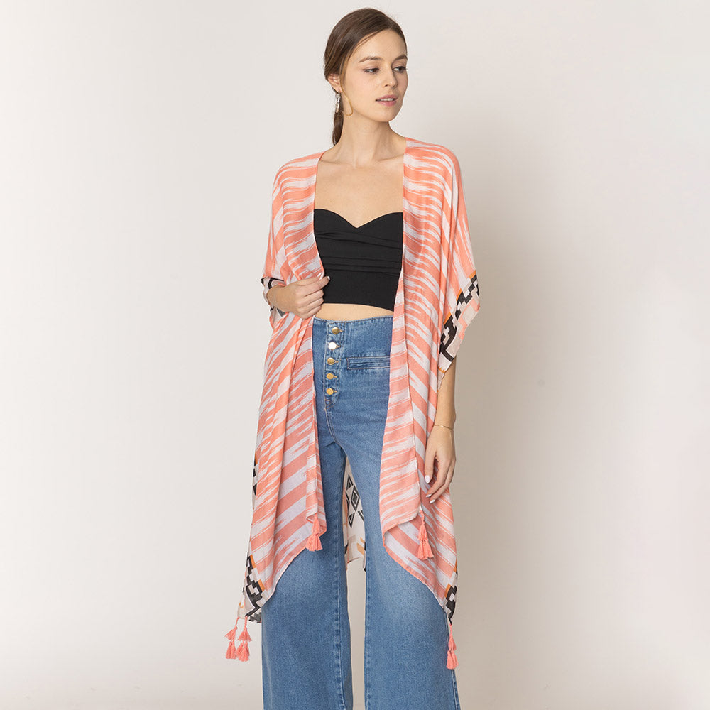 Madeline Love Peach Aztec Print Kimono Poncho - Jewelry