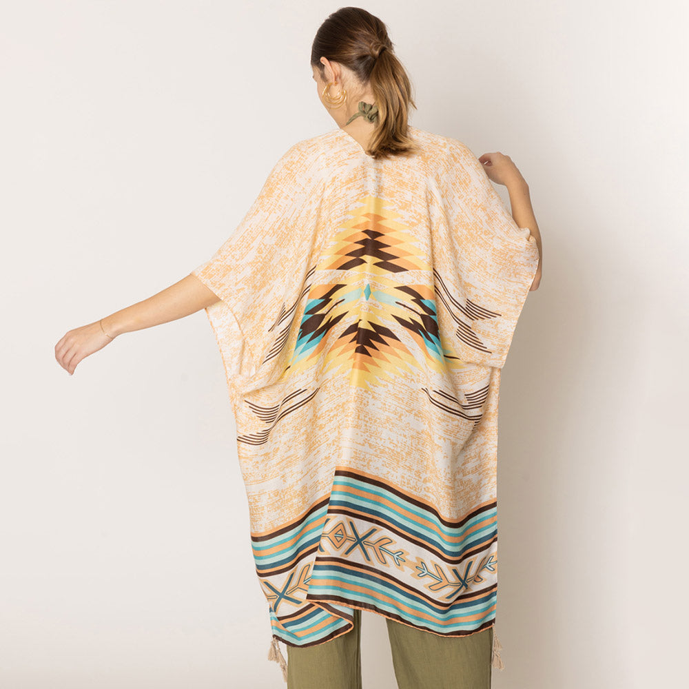 Madeline Love Beige Aztec Print Kimono Poncho - Jewelry