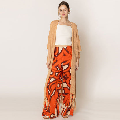 Madeline Love Beige Knit Fringe Kimono Poncho - Hair Accessories