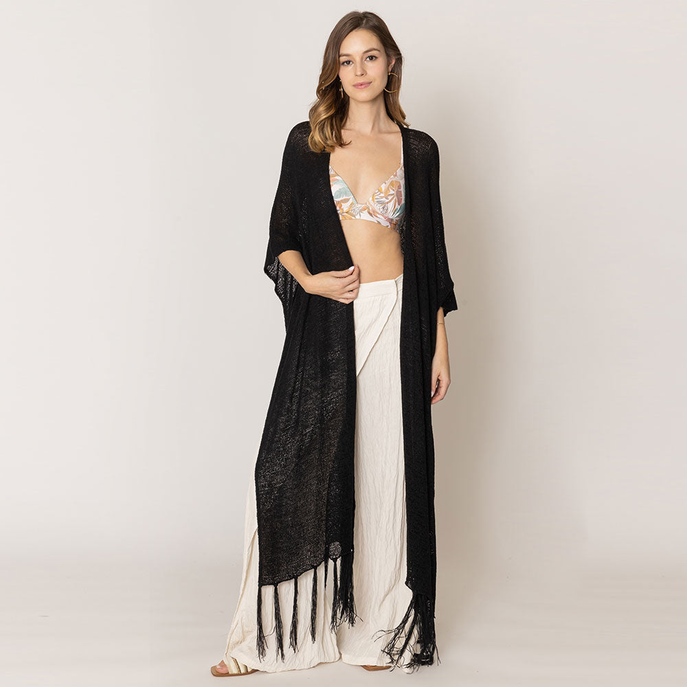 Madeline Love Black Knit Fringe Kimono Poncho - Hair Accessories