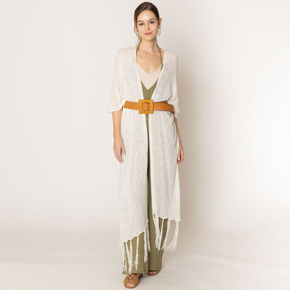 Madeline Love Ivory Knit Fringe Kimono Poncho - Hair Accessories