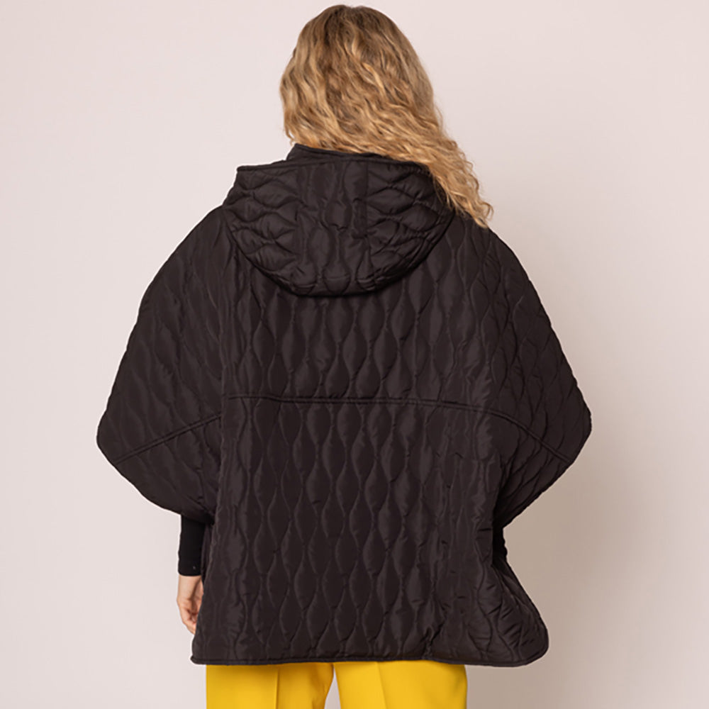 Black Stylish quilted cape jacket featuring a relaxed silhouette, button-up front, and attached hood for added comfort. Perfect for layering during cooler seasons, this versatile outerwear piece combines warmth with a modern, minimalistic design for effortless everyday style.