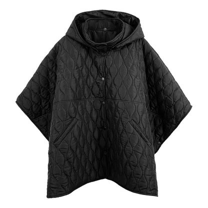 Black Stylish quilted cape jacket featuring a relaxed silhouette, button-up front, and attached hood for added comfort. Perfect for layering during cooler seasons, this versatile outerwear piece combines warmth with a modern, minimalistic design for effortless everyday style.