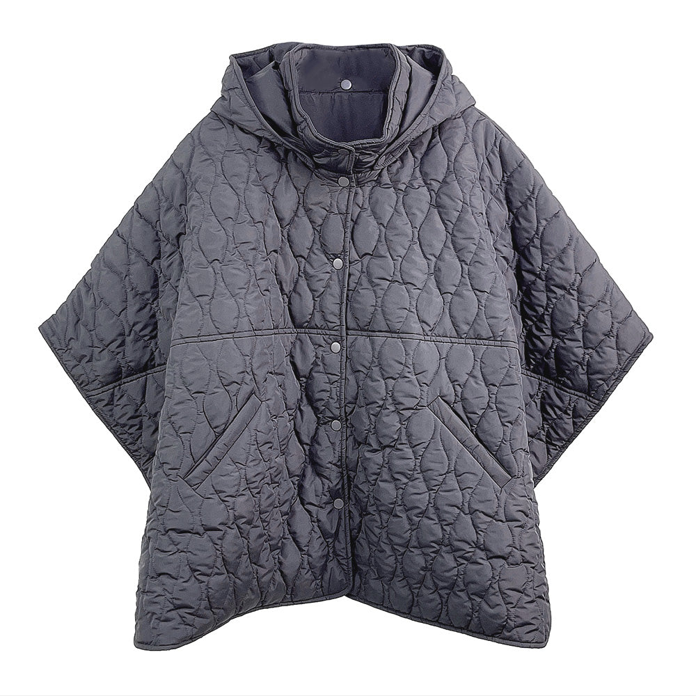 Charcoal Stylish quilted cape jacket featuring a relaxed silhouette, button-up front, and attached hood for added comfort. Perfect for layering during cooler seasons, this versatile outerwear piece combines warmth with a modern, minimalistic design for effortless everyday style.