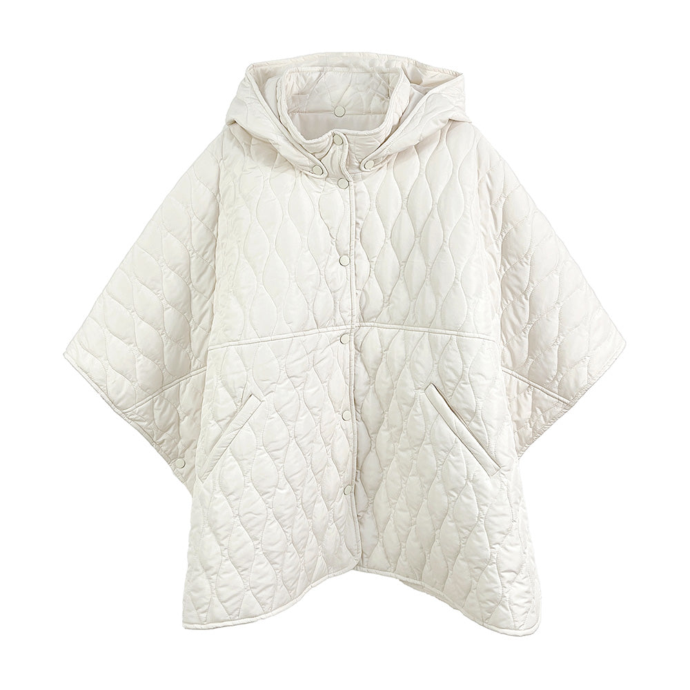 Ivory Stylish quilted cape jacket featuring a relaxed silhouette, button-up front, and attached hood for added comfort. Perfect for layering during cooler seasons, this versatile outerwear piece combines warmth with a modern, minimalistic design for effortless everyday style.