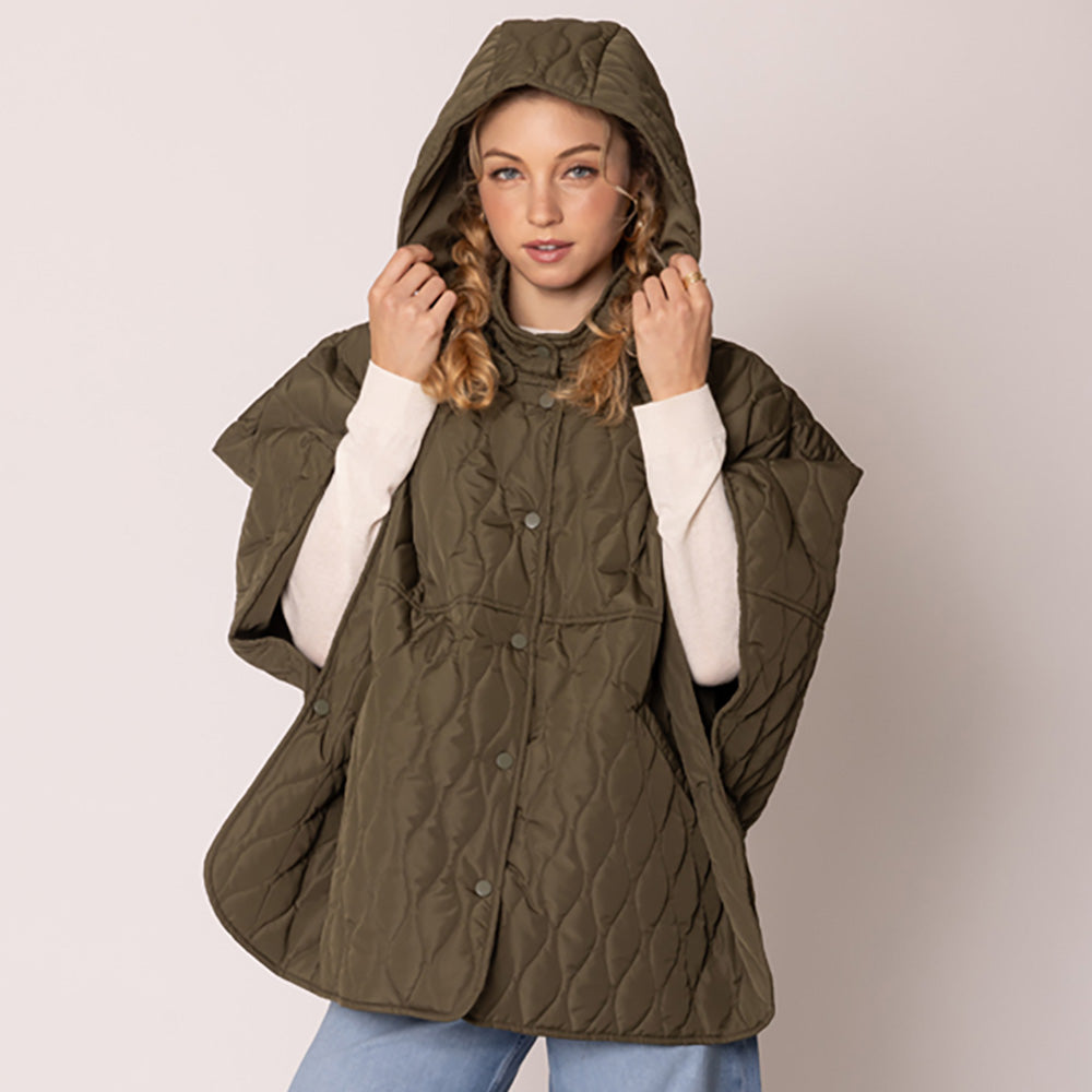 Olive Green Stylish quilted cape jacket featuring a relaxed silhouette, button-up front, and attached hood for added comfort. Perfect for layering during cooler seasons, this versatile outerwear piece combines warmth with a modern, minimalistic design for effortless everyday style.