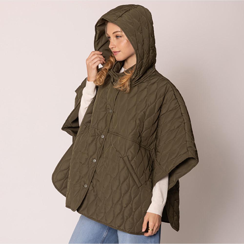 Olive Green Stylish quilted cape jacket featuring a relaxed silhouette, button-up front, and attached hood for added comfort. Perfect for layering during cooler seasons, this versatile outerwear piece combines warmth with a modern, minimalistic design for effortless everyday style.